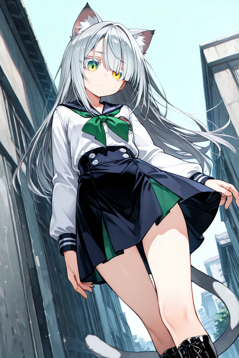 solo, long gray hair,  hair to hide one eye,  vertical pupil /Cat&#39;s Eyes, white lashes , no expression, yellow-green eyes, No exposure, I can&#39;t see the skin, animal ears, Cat ears, Cat's tail all over the body, uniform, sailor suit, long black skir...