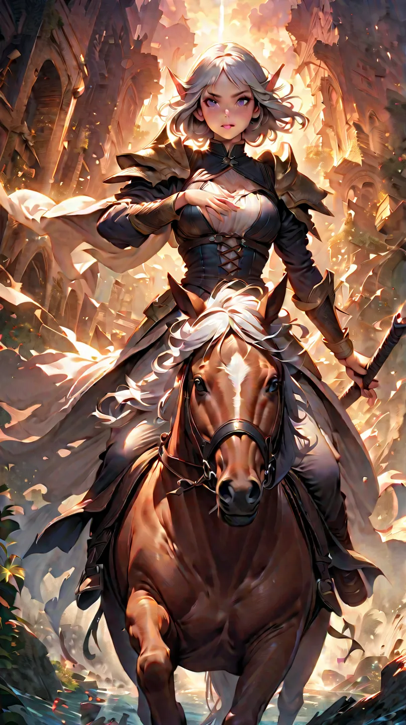 an medium white hair elf woman Hunter riding a horse, in the ruined kingdom, fight against demon Lord, dynamic ground pov, Viewed from a distance, detailed face,  by Artgem, Dynamic shot, Dynamic pose, Hayao Miyazaki, Mikimoto Haruhiko, frank frazetta, Cin...