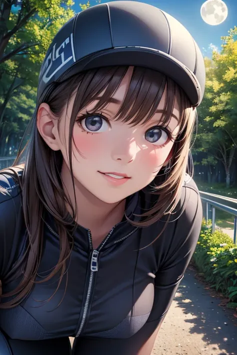 ( Bike: 1.5), (realistic  Bike: 1.5), (REAL CYCLISTS : 1.5),  cyclist returns to foreground, Lo-fi landscape, nature,  moon, forest,    , undergrowth,  landscape background ,  Shadow, Contrast, Makoto Shinkai (best quality:1.3), (high resolution:1)  Studio Ghibli style art, Brilliant Color, Impressionistic,Anegasaki Nene, shiny brown hair,  smiling face,  (fine grain), ,, (masterpiece:1.2, best quality), ((only1 girl)), cowboy shot,