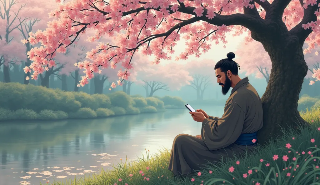 Draw in anime: Bearded man in a Sakura tree park touching his cell phone