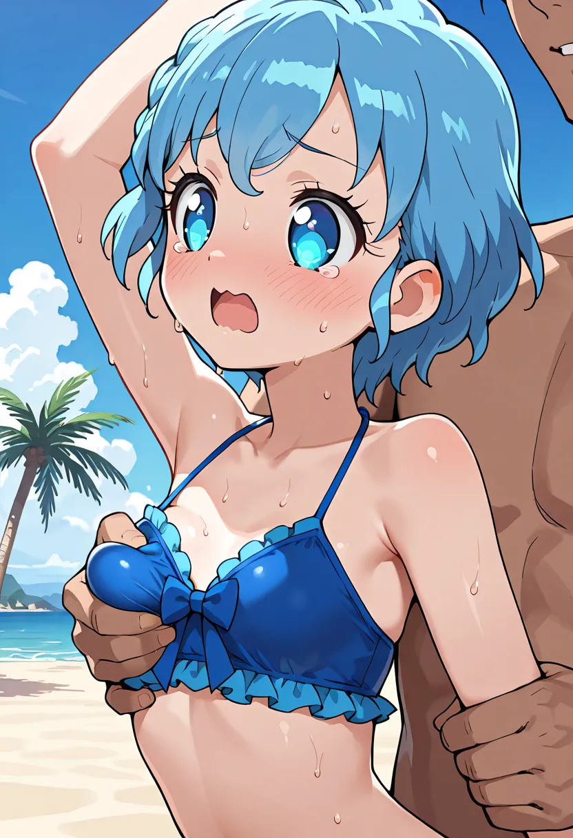 nsfw, (((grabbing from behind:1.5))), (((grabbing breast:1.5))), upper body, 2boy, scared, best quality, high resolution, 8k, ((loli)), standing, (dorothypri, short hair, blue hair, blue eyes, small breasts, blue bikini, frilled bikini, beach, blue sky, se...