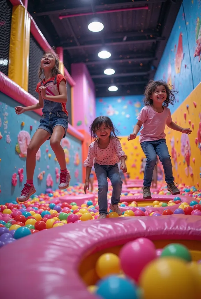 A vibrant indoor playground inspired by Pokiddo, filled with asian ren playing joyfully. The scene features colorful trampolines, ball pits, climbing walls, and foam obstacle courses. Bright neon lights, playful designs, and soft safety padding cover the w...