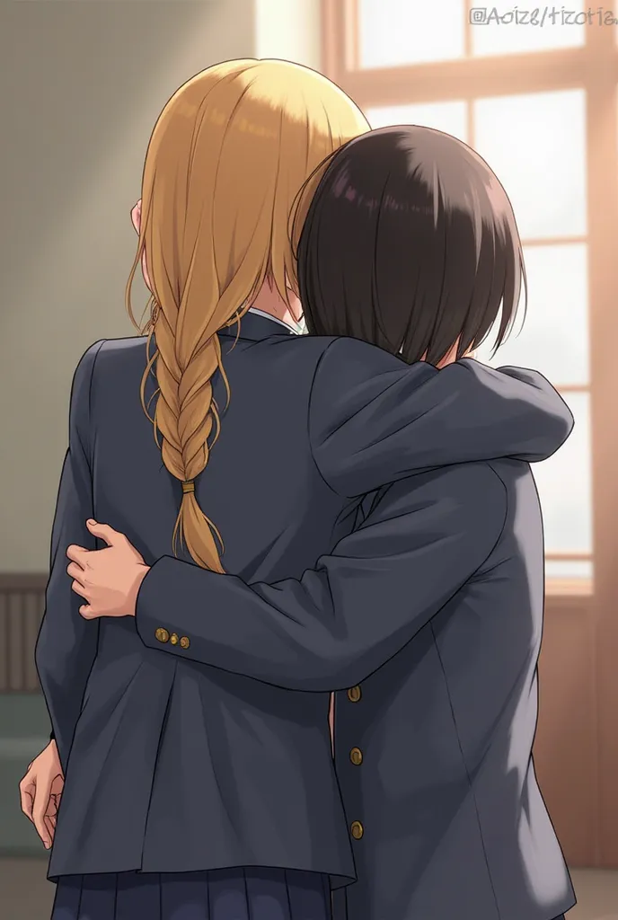 Blonde haired  and black haired  hugging in school uniform, only backs visible