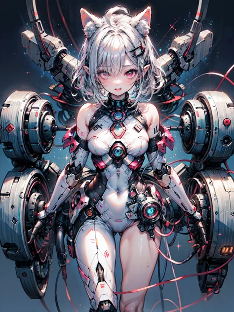 1 Girl, Black Hair, teeth, Floating Hair, Long Hair, Looking at the audience, Open your mouth, Pink Background, Pink Eyes, Pink Theme, alone, Pupil in the shape of a symbol, teeth, （tongue, tongue out）、Cowboy Shot、Organic Armor Cyborg、Machinery Armor、break...