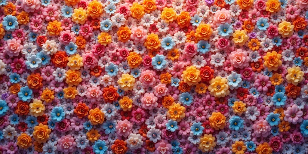 "A top-down aerial view of an endless sea of densely packed small flowers, completely covering the entire frame. The flowers are tiny, multi-petaled, and closely arranged, creating a seamless floral carpet with no gaps or visible ground. Each flower has a ...