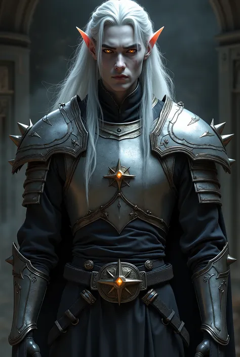The image depicts a handsome, powerful-looking 16-year-old dark elf, a handsome male elf with gray skin and one intense orange eye and the other, intense silver that glows slightly, conveying a mystical and intimidating aura. His long, flowing silver hair ...