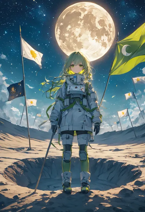 moon面着陸、stand on a crater、Raise a flag、universe服、green hair、 Remembrance Photo、universe、starry sky、moon、background（universe船）