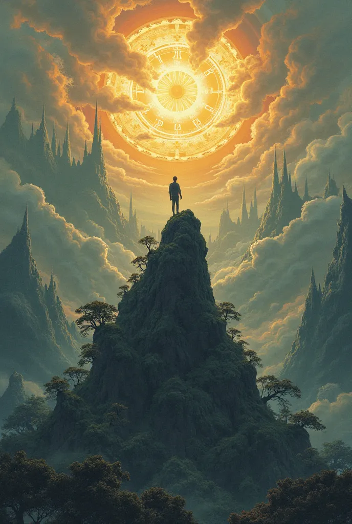 A man standing on a mountain with trees like in a magical city with a sun in the shape of a clock.