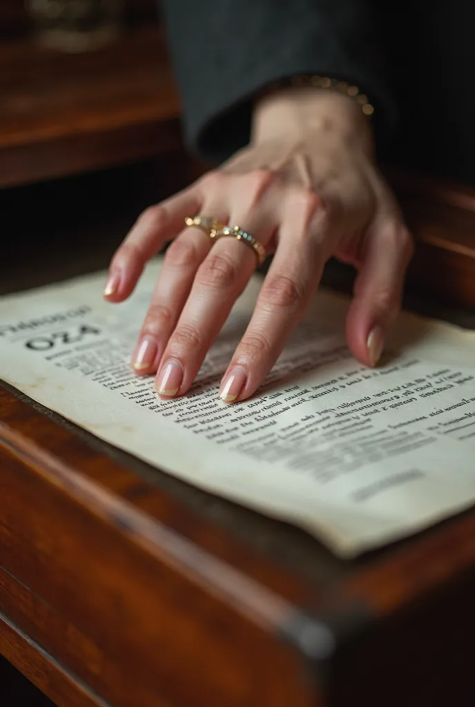 In the foreground, a woman's delicate hand—adorned with a single, subtle gold ring—hovers over a classified document, fingers grazing the edge, symbolizing the act of theft. The document is partially tucked into a luxurious desk drawer, left slightly ajar,...