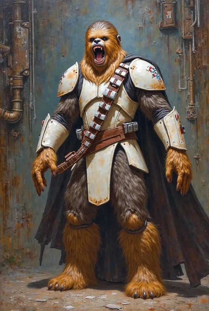 Oil painting of a braided hair Wookie roaring wearing a white star wars inspired armor in a scruffy space station