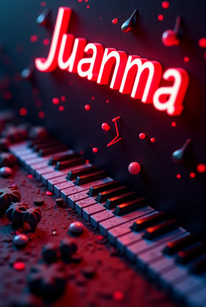 dark background, 3D musical notes, Music keys, The name of JUANMA in the upper part in 3D in red