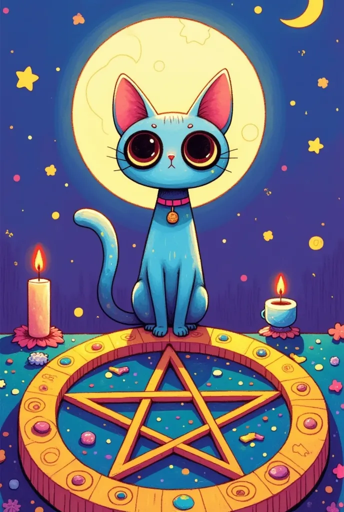 1Cartoon Cat，
Pentagram， moon