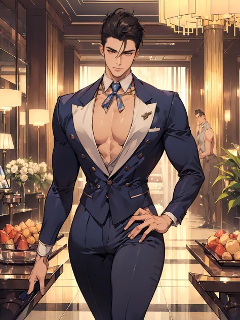  (masterpiece,best quality,ultra_detailed,highres,absurdres), (detailed shadow), (quality light),1 (yaoi_ikemen_male:1.7) (with bulge:1.2), 30-ish, (muscleale focus), (solo:1.6), short black Quiff hair with Soft Fringe (bangs part on side 3:7 ratio), blue ...