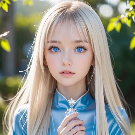 Portrait、 Alice in Wonderland 、 Blue and Infinitely Wide Sky 、 bright and very beautiful face 、 young, shiny, radiant white shiny skin、The best beauty、Baby platinum blonde hair with dazzling highlights、Thin blonde、 Very Straight Beautiful Long Back Hair ,,...