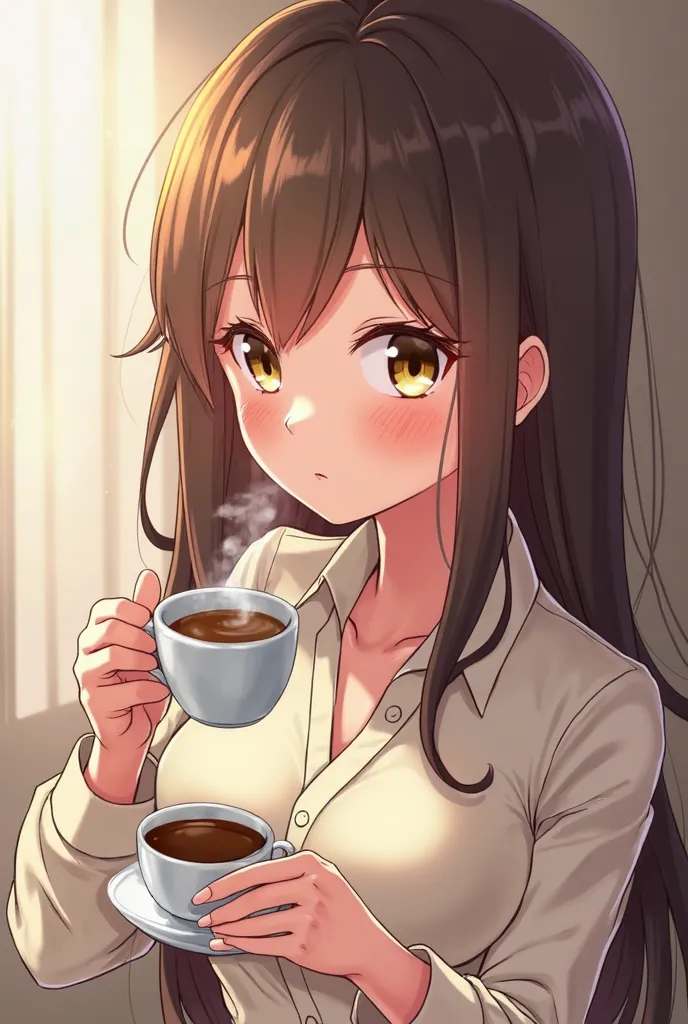 anime girl holding a cup of coffee and a cup of coffee, a character portrait inspired by Li Shida, pixiv, shin hanga, female protagonist 👀 :8, hero 2 d fanart artsation, 2 d anime style, marin kitagawa fanart, kantai collection style, artgerm and atey ghai...