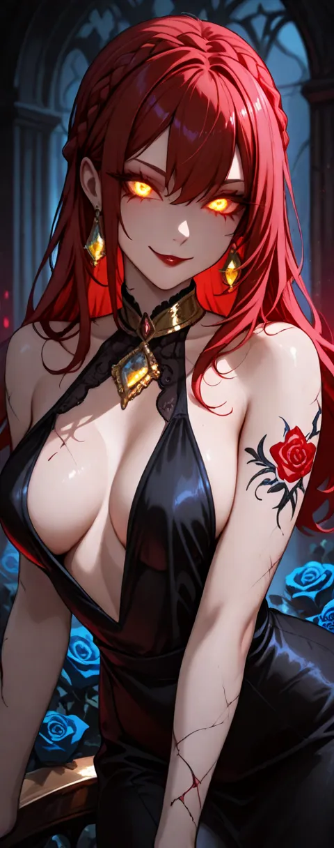 solo, adult women, medium breasts, crown braid, jewelry, blue rose tattoo on arm, crimson lips, (black dress, halter dress, neckline, sleevesless), (evil, seductive smile, closed mouth), glowing eyes, night, royal place,1girl, red hair, long hair, golden j...