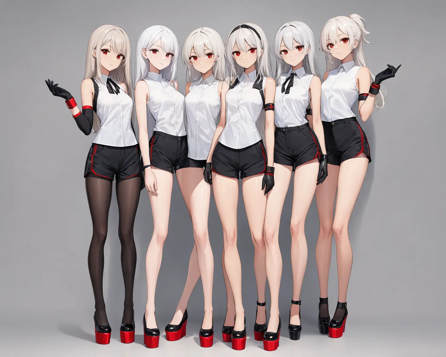 4girls,full body front,slim body,very long legs,bare legs,light skin,white hair,red eyes,white shirts,sleeveless,black shorts,black and red platform shoes,black gloves,arm bands,no stockings,no socks