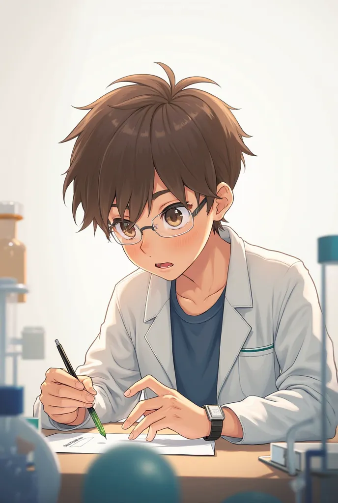  BOY HAIR STRAIGHT HAIR SHORT AND BROWN , brown eyes . WITH HIS SCIENTIST'S SHIRT AND HIS WORK TABLE. It has no background 