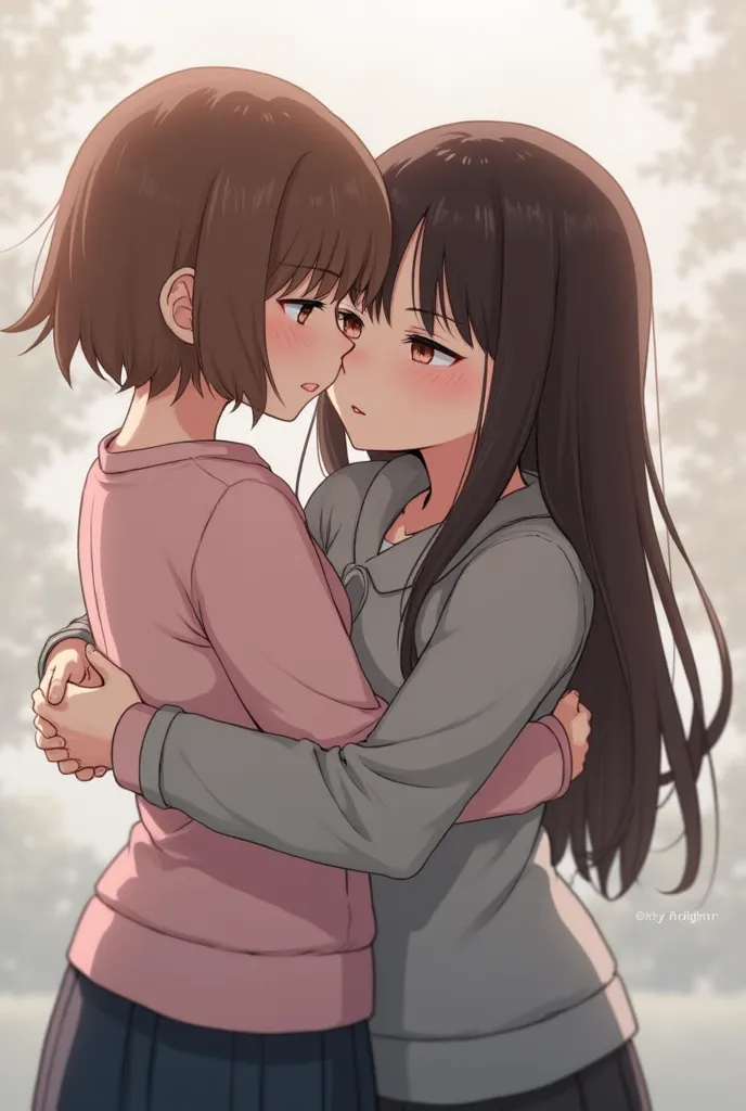 Girl with short hair, brown and bangs. Girl hugs another who has dark brown long hair 