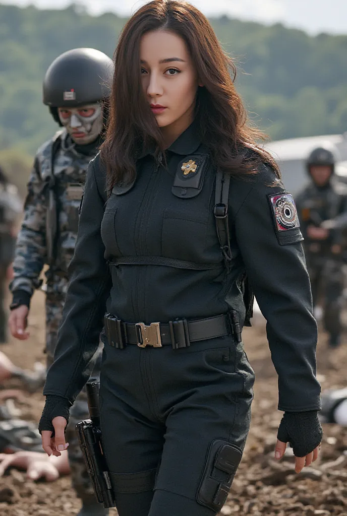 Realistic, A Very beautiful woman, woman very thick hair, woman very big breast, boy full face mask, woman swat suit, woman walking on pile of cadaver