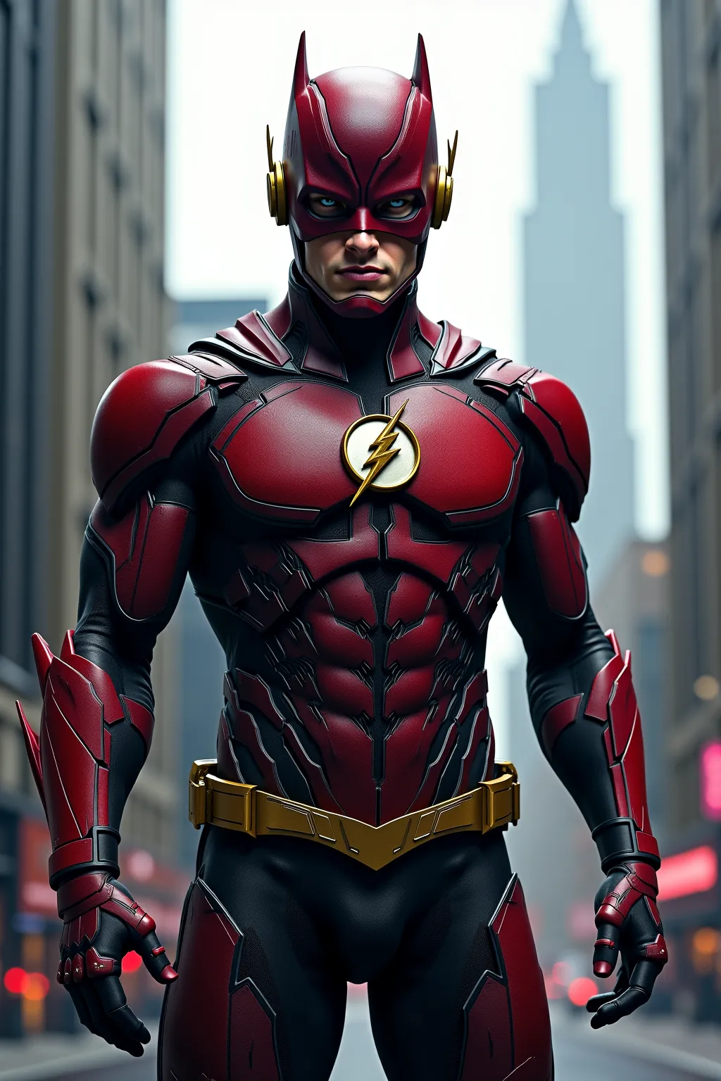 Give me a hybrid between DC's Flash and Batman, Realistic costume