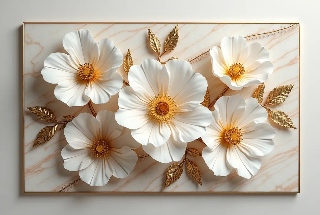 3d luxury marble wall with three white and gold flowers, golden leaves, golden lines for wall decoration