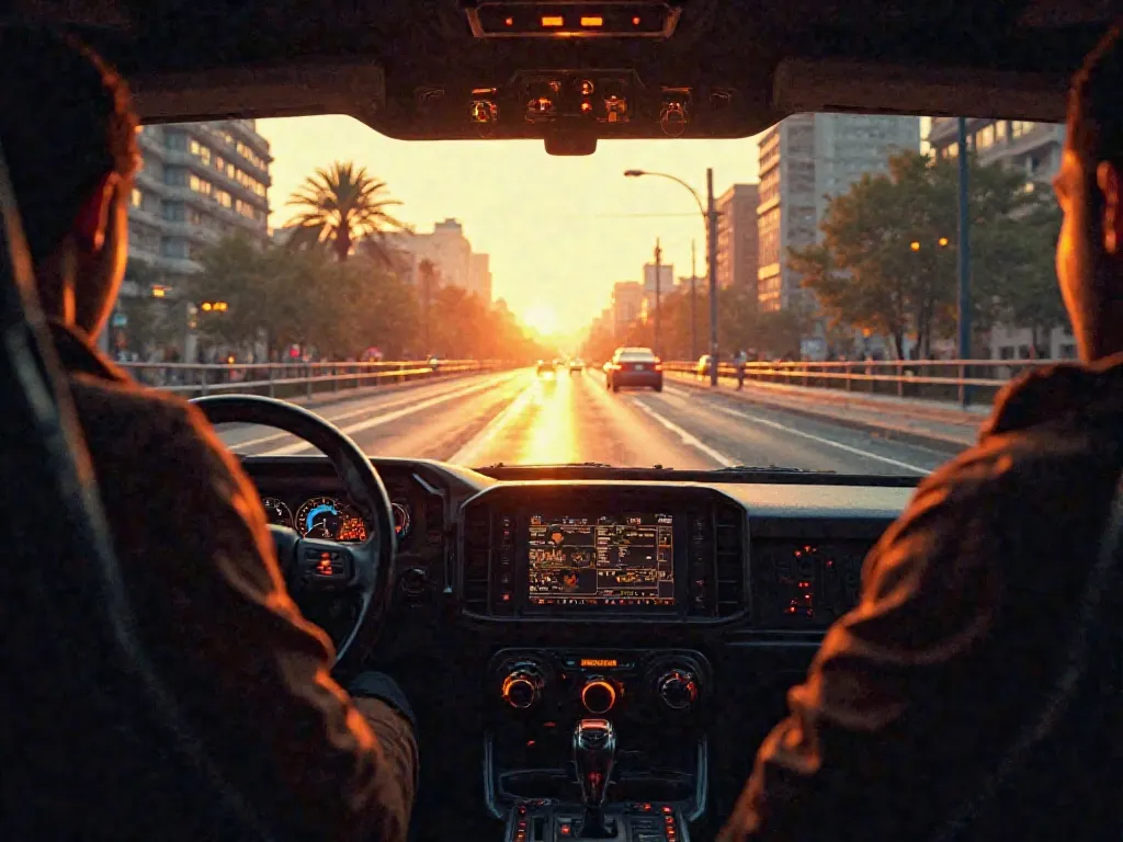 
"A highly detailed, cinematic digital painting from the perspective of a tactical vehicle's interior, looking out onto the road in the early morning. The dashboard is visible, featuring high-tech screens and illuminated controls. The windshield frames a c...