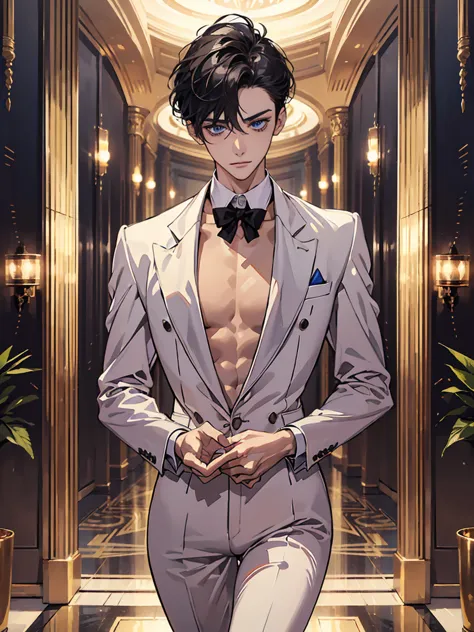  (masterpiece,best quality,ultra_detailed,highres,absurdres), (detailed shadow), (quality light),1 (yaoi_ikemen_male:1.0) (with bulge:1.0), 30-ish, (muscleale focus), (solo:1.0), short black Quiff hair with Soft Fringe (bangs part on side 3:7 ratio), blue ...