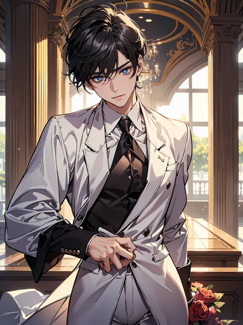  (masterpiece,best quality,ultra_detailed,highres,absurdres), (detailed shadow), (quality light),1 (yaoi_ikemen_male:1.0) (with bulge:1.0), 30-ish, (muscleale focus), (solo:1.0), short black Quiff hair with Soft Fringe (bangs part on side 3:7 ratio), blue ...