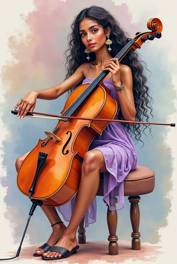 watercolor sketch illustration, a beautiful busty young rajasthani woman, playing a violoncello with a sweet smile, dream pop band concert, open backless sidleless strapless soft indian embroidered thin sheer slippers, from indian subcontinent, brown skin,...