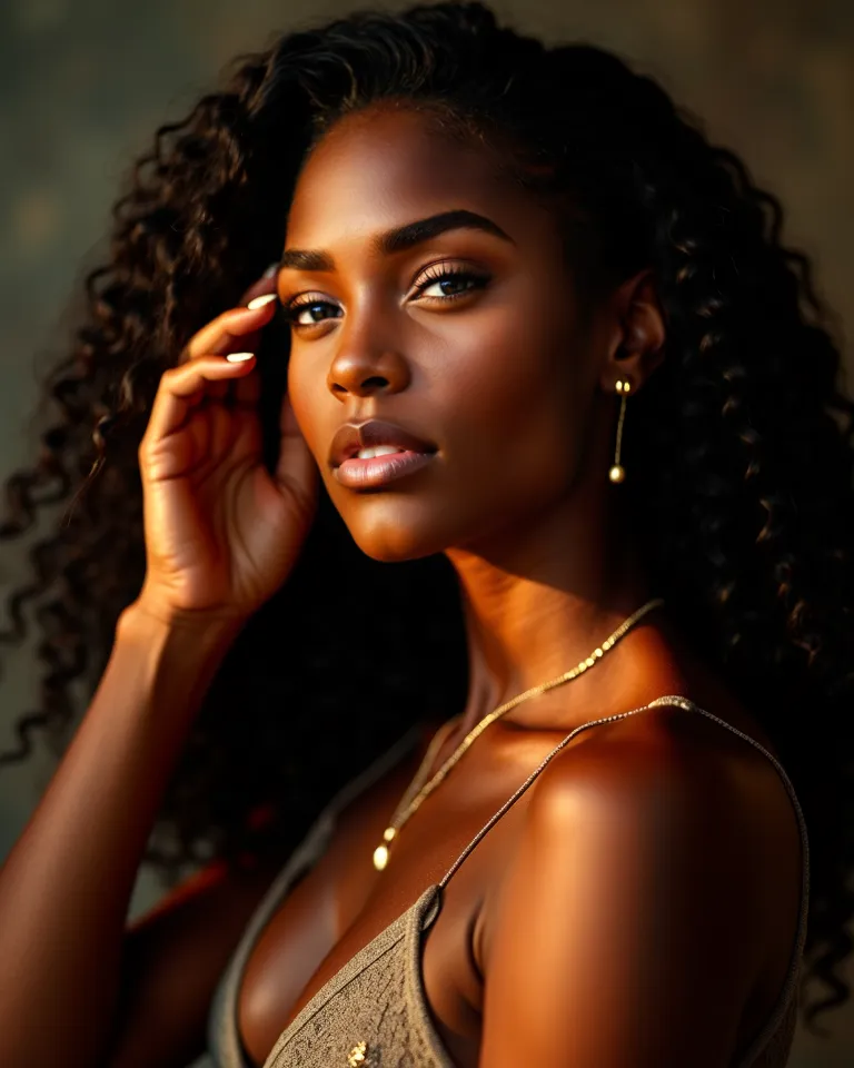 **Prompt:**  
*"Masterpiece, high quality, high resolution, realistic video, cinematic photograph. A stunning, athletic Black woman with long, curly black hair poses elegantly, illuminated by warm, golden light. Her delicate facial features are enhanced by...