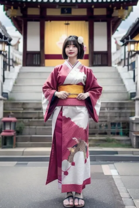  ano-chan、1 Japanese woman standing on her back、a solemn and historic shrine with a big red torii gate、First visit on New Year's Day、Very bright precincts wrapped in orange light with the sunrise of the first sunrise、young and beautiful Japanese woman、 bea...