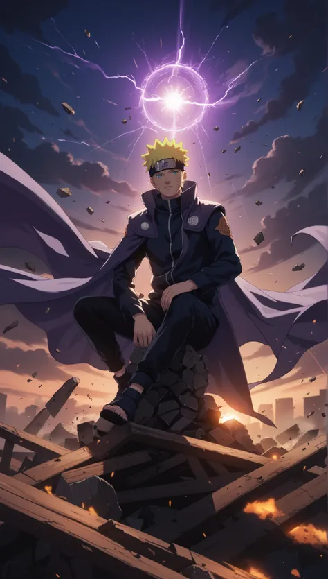 Masterpiece, 8k quality, extremely detailed, 1man, Uzumaki_Naruto, spiky_blonde_hair, short_hair, whisker_markings, silhouette, standing_on_rubble, intense_purple_aura, nighttime_scene, debris_floating, dramatic_perspective, cape, glowing_light, stormy_sky