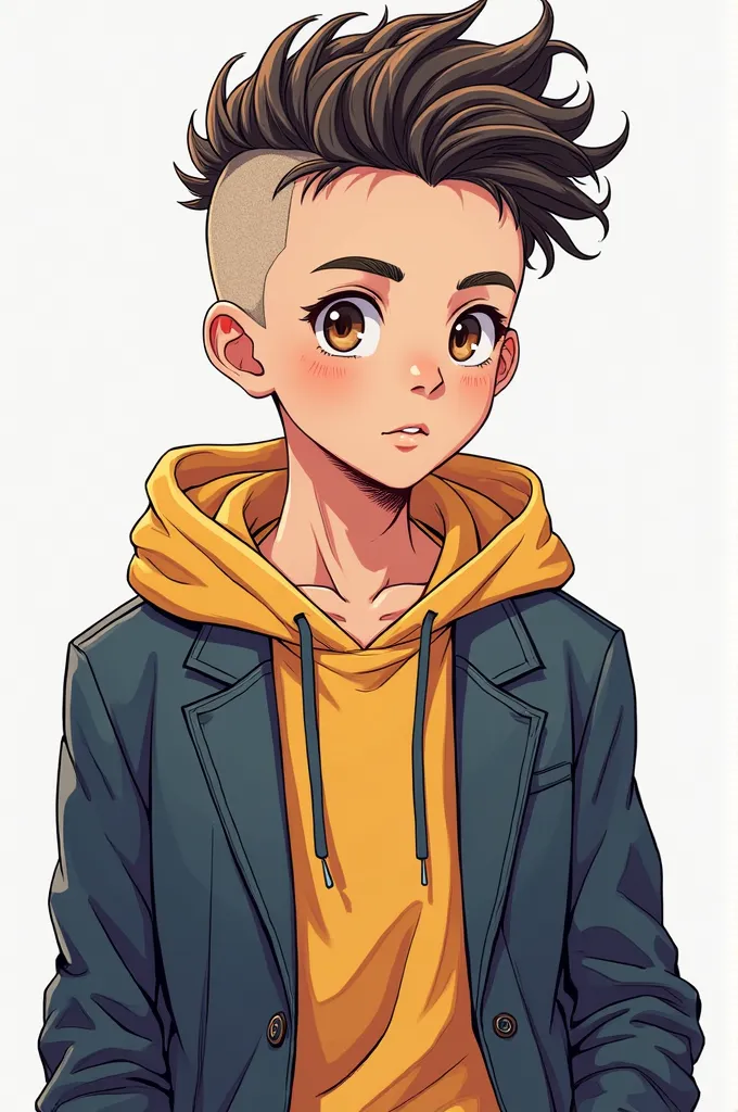 A manga cartoon image, a , fair-skinned boy, hair shaved at the sides and very short at the top,  open blazer , curly , Brown eyes , With a hoodie 