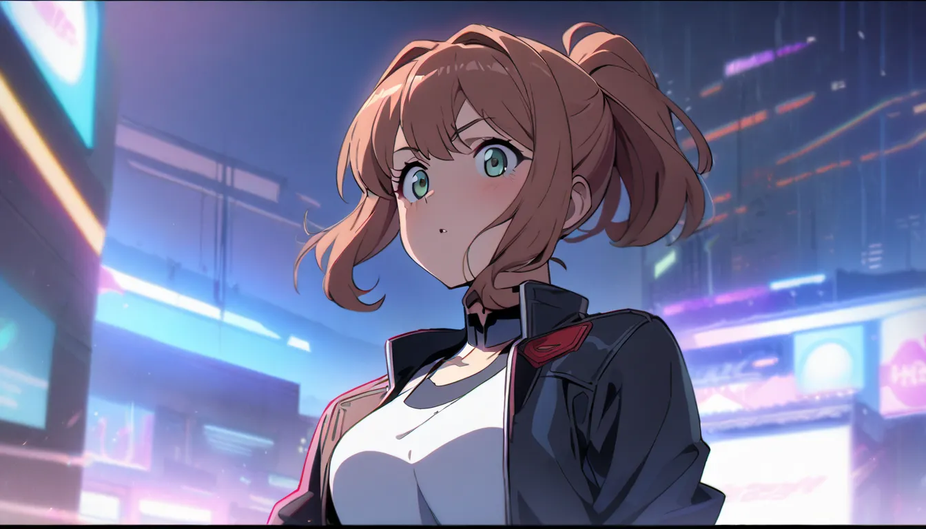 masterpiece, best quality, cyberpunk edgerunners anime style, 1girl, monika, brown hair, green eyes, short ponytail, short hair, black bow, black leather jacket, white top, red shoulder patch