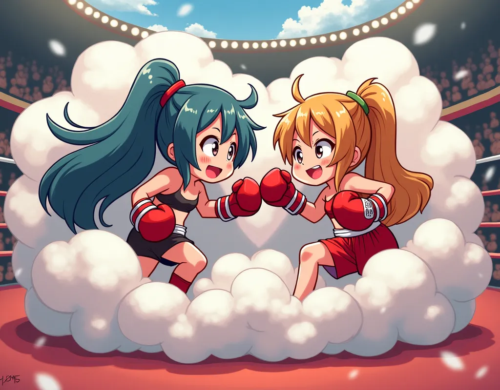 An anime-style illustration depicting many boxer-girls playfully wrestling with each other inside a arena comical fight cloud.
each boxer-girl has different colored hair.
their faces,hands,and feet are visible emerging from the cloud as they tussle humorou...