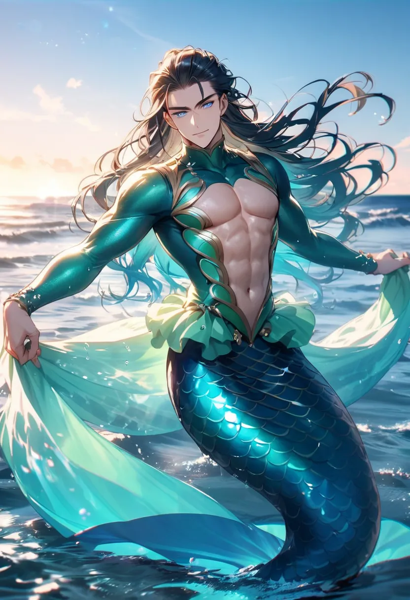 Long-haired mermaid man with blue eyes　In the water　handsome　