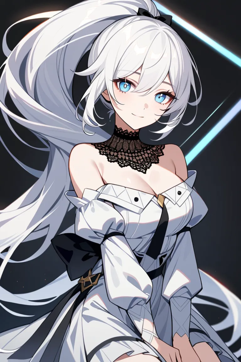 1 girl, Honkai Impact 3rd, ทรง ponytail, smilevery long hair,  white hair, breasts,Blue eyes, smile,Blue and silver dress, Puffy arms  , lace collar  ,  ponytail , Long hair tied up , miniskirt  ,  blouse open shoulders  , Young woman ,  looks at the viewe...