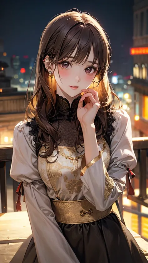 Lolita dresses。is young顔、 pretty face、 Gold、Cute expression、A vibrant city in the background。Magical Atmosphere、realistic texture、high quality 4K rendering、fantasy art style、delicate skin texture、Bokeh Light Effects、 rich colors、Dreamy Atmosphere, Golden H...