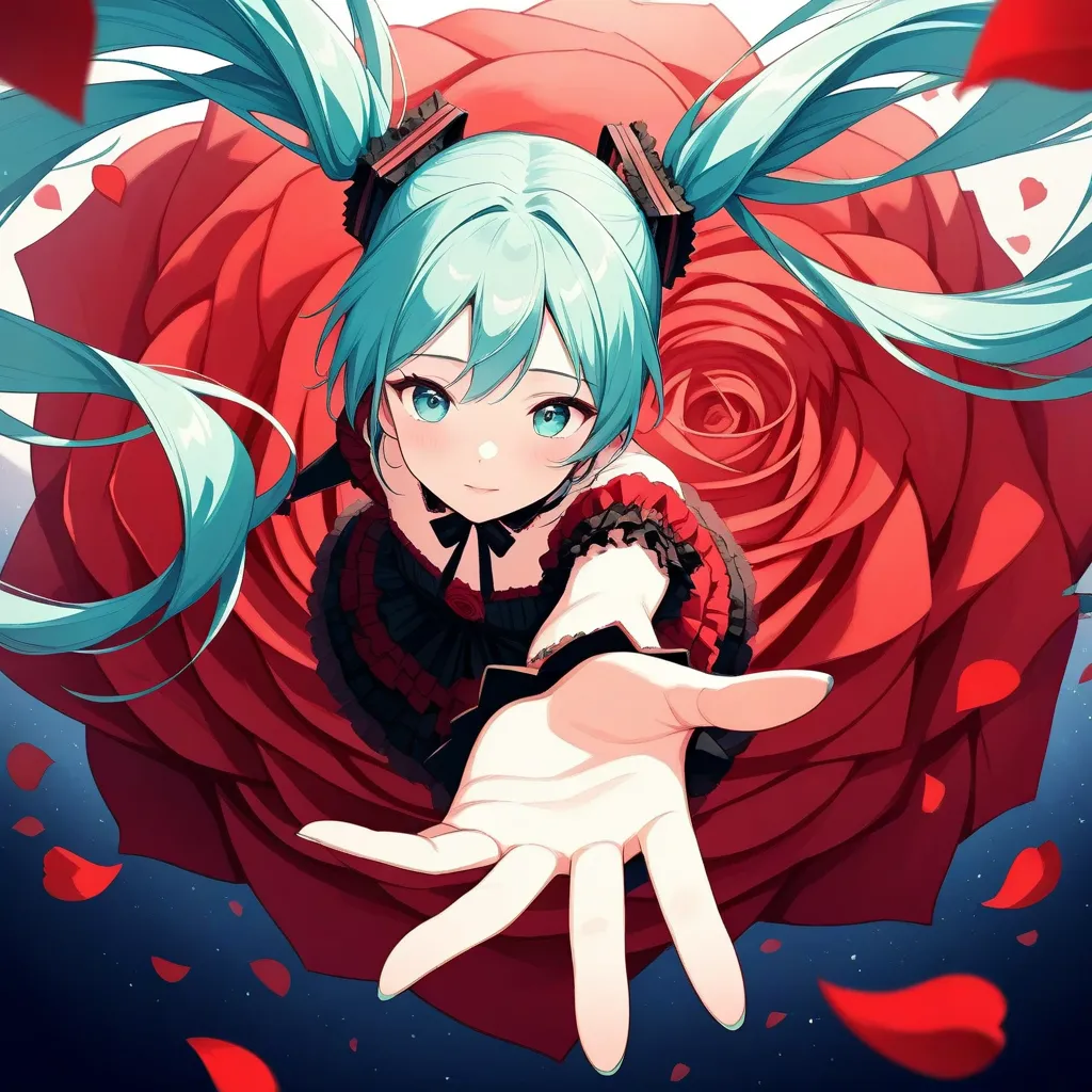 Top view：1.5, beautiful anime girl" Hatsune Miku "delicate face， beautiful face，(Reach out:1.37)， alone，reaching for help， Top view,  rose petals ，粉色花瓣 tornado