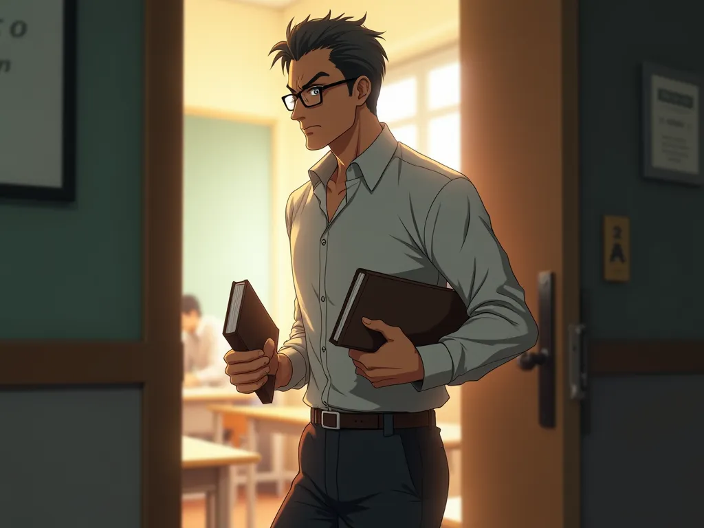 create anime image of an brown skin toned, he is a middleaged man, he is serious, he wears glasses, he is a highschool teacher carrying a bunch of books entering class 2-A door (sideview)