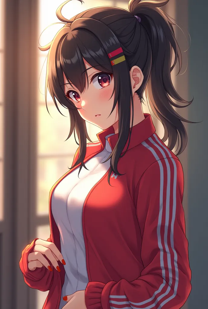 oise reduced, distinct, portrait, sidelighting, perfect face, detailed face, perfect body, (1girl:1.4), cant be this cute, big breast, vivid, (bright skin:1.4), young girl, looking at viewer, track suit, ponytail, nail art, hair ornament, (background(room)...