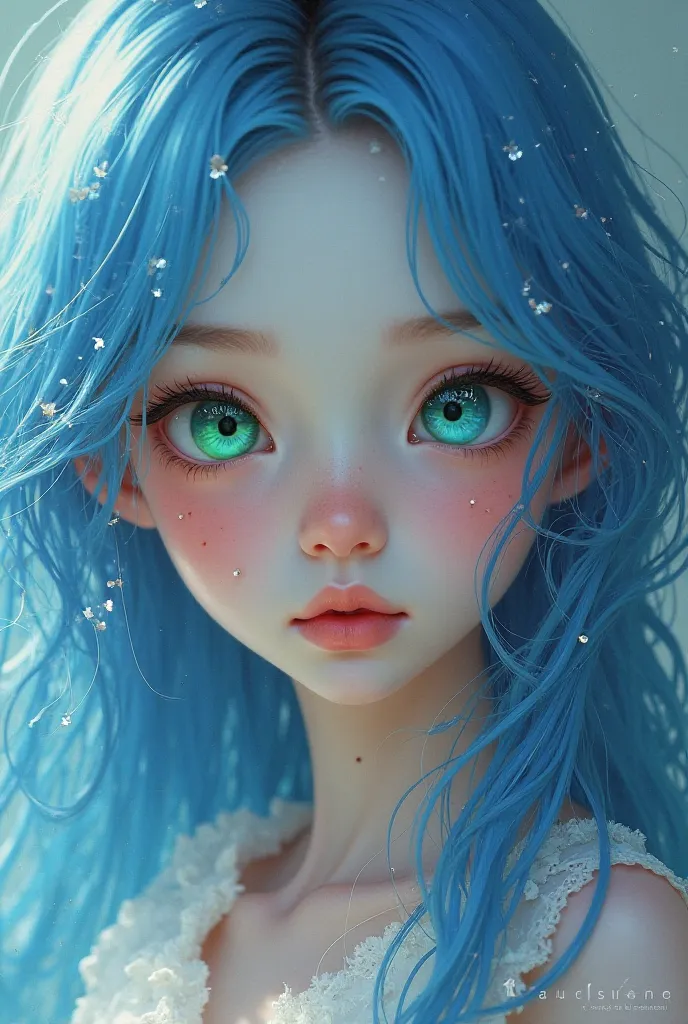 Baby girl , blue hair, right eye, silver blue, green left eye, with a mole under the left eye.