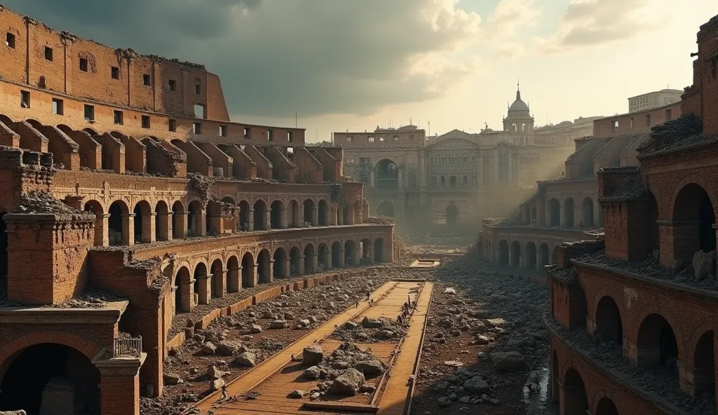 "A powerful scene of the Colosseum in its final moments, as if the very stones that once made it a symbol of Roman might are being dismantled piece by piece by the city it once ruled. Large sections of the grand arches have already crumbled, while others a...