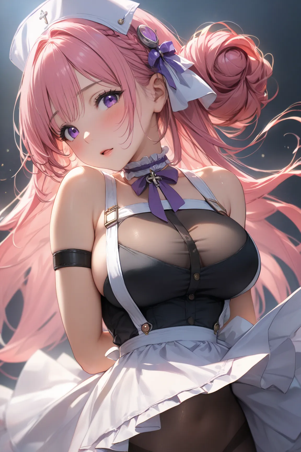 dorothyrnd, pink hair, long hair, hair bun, braid, purple eyes, large breasts, 

single braid, black nurse cap, double-breasted grey apron, chest belt, elbow gloves, crinoline, black pantyhose, 

shiny skin, shiny, 

one girl,  Compatible with first-person...