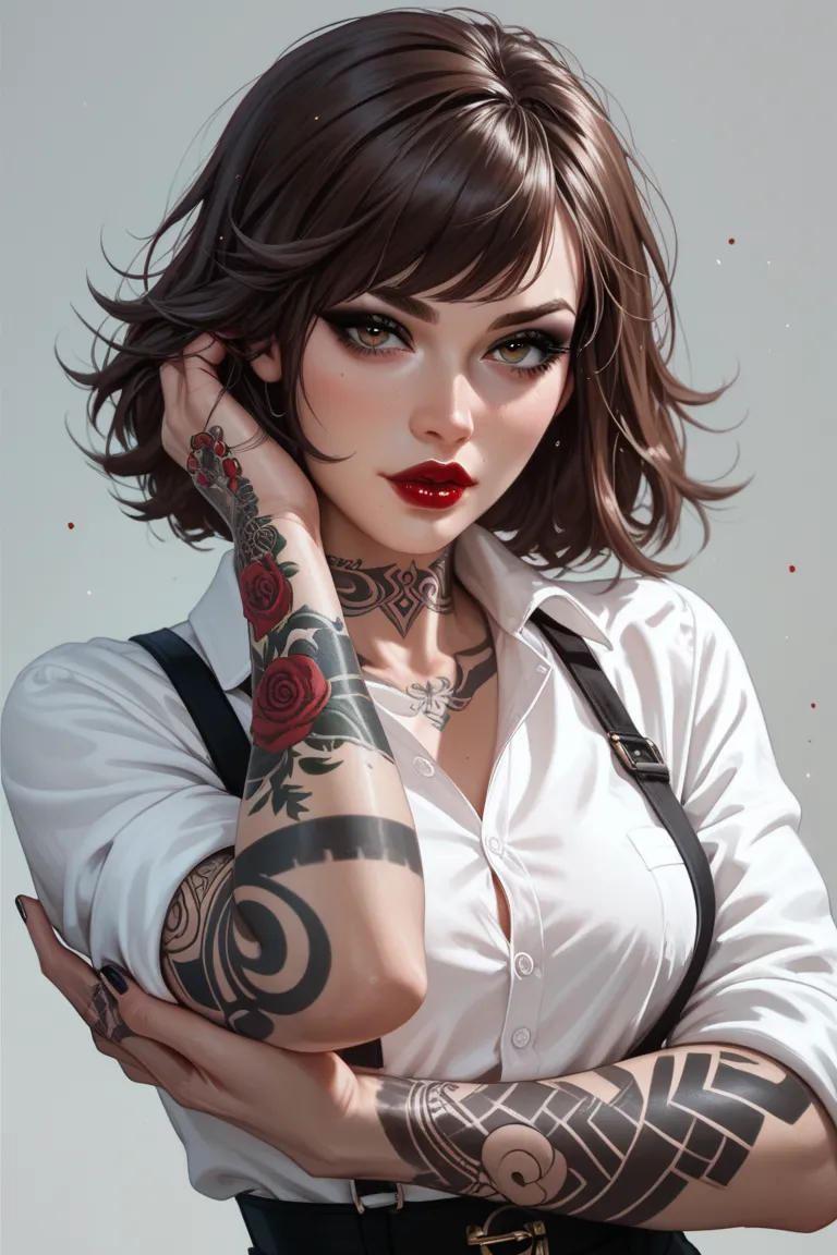 Female, Small boobs, short dark brown hair with long swooping swept bangs, Viking arm sleeve tattoos, dress shirt with sleeves rolled up, black slacks, Black suspenders, black eyeshadow, blood red lipstick