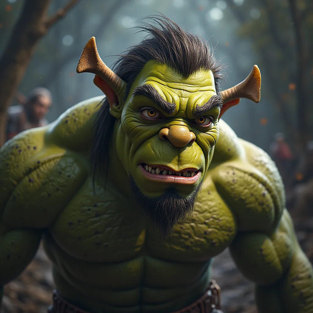 shrek, muscular, horns, Thunders  in background, detailed character portrait, highly detailed, intricate, photorealistic, 8k, masterpiece, studio lighting, ultra-fine painting, extremely detailed, vivid colors, dramatic lighting, fantasy, digital painting