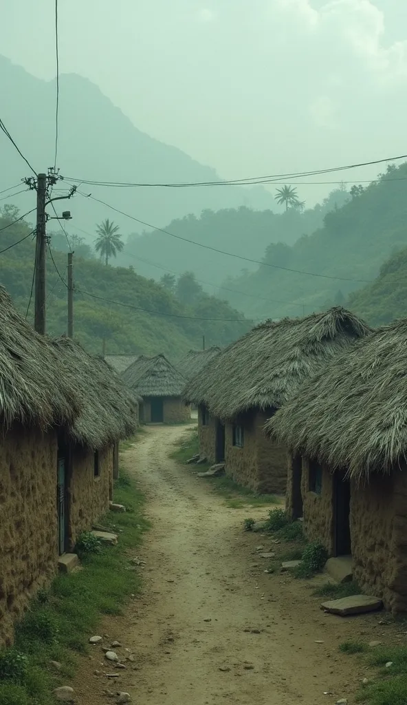 "A quiet, rural village in India, with old, traditional houses made of mud and straw, nestled in a hilly, green landscape. The village is eerily empty, with no signs of life or celebrations. The sky is overcast, giving a somber tone to the scene. The air f...