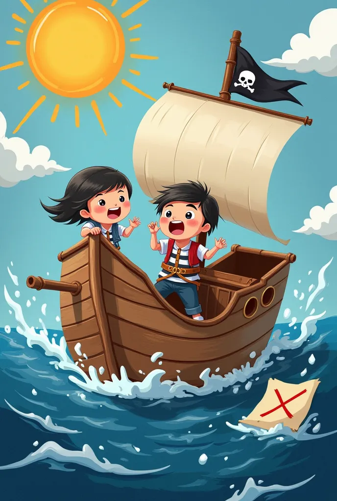 The ren continue their pirate adventure, sailing their “cardboard ship” through an imaginary storm. The scene shows wind blowing, and the ren reacting dramatically—one  clinging to the ship’s edge while another pretends to steer with a paper plate as a whe...