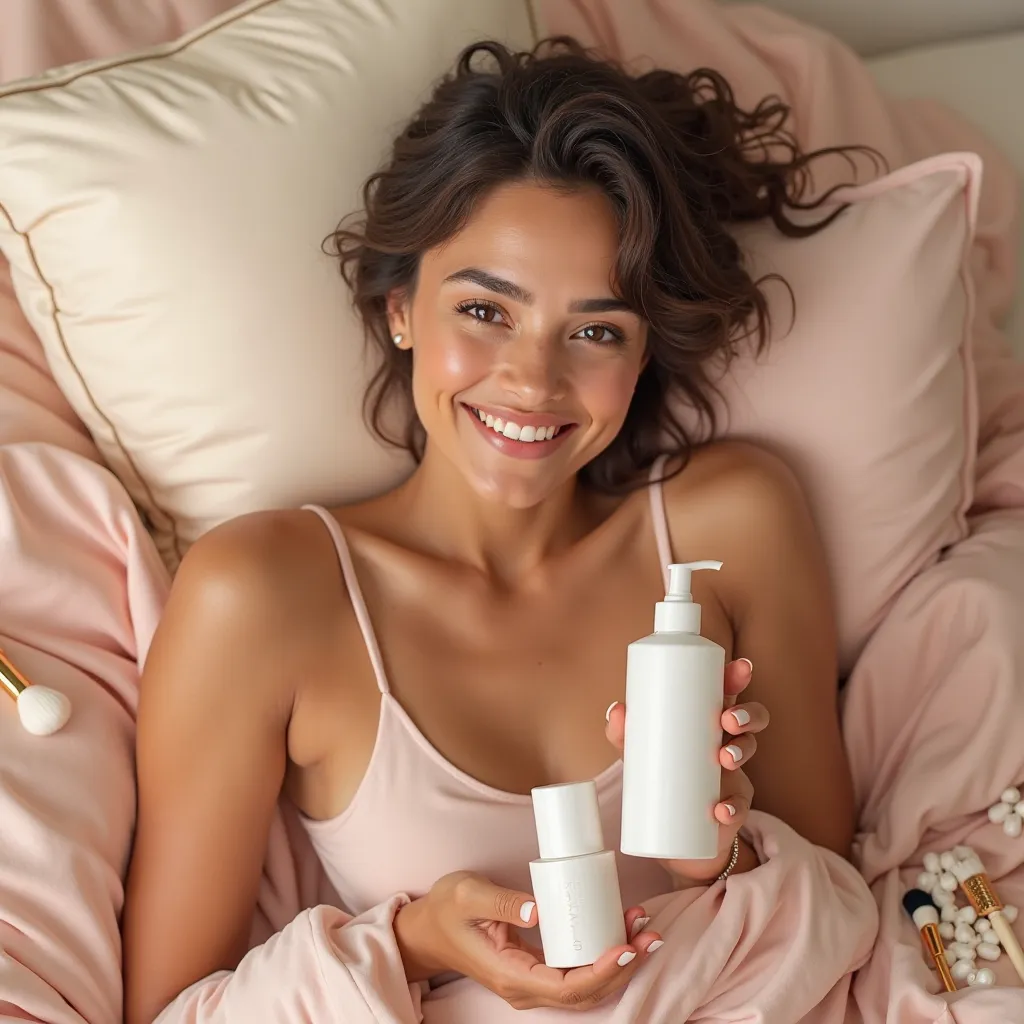 A smiling woman with glowing skin holding skincare products, surrounded by silk pillows and makeup brushes, soft natural lighting.